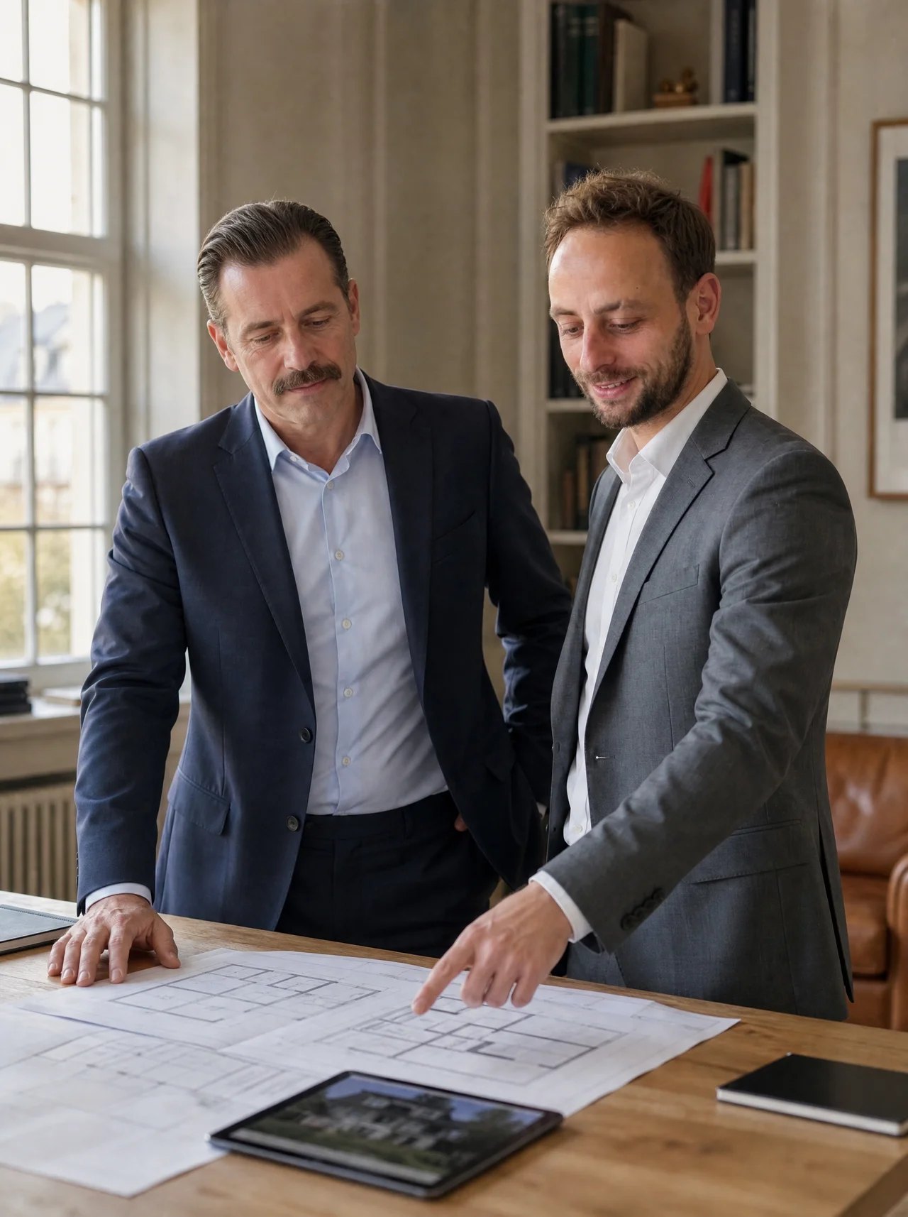 Zwei Berater besprechen einen Grundriss am Schreibtisch
